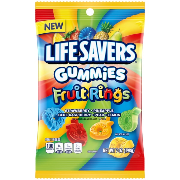 LIFE SAVERS GUMMIES Fruit Rings Strawberry, Pineapple Blue Raspberry, Pear and Lemon Gummy Candy, 7 Oz Bag
