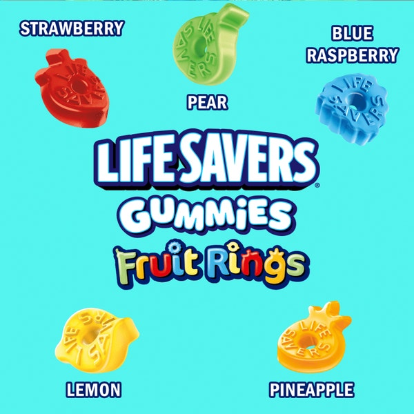 LIFE SAVERS GUMMIES Fruit Rings Strawberry, Pineapple Blue Raspberry, Pear and Lemon Gummy Candy, 7 Oz Bag